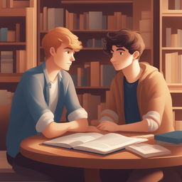 A high-quality digital illustration of two young white men, the protagonist and 'A', in a college setting