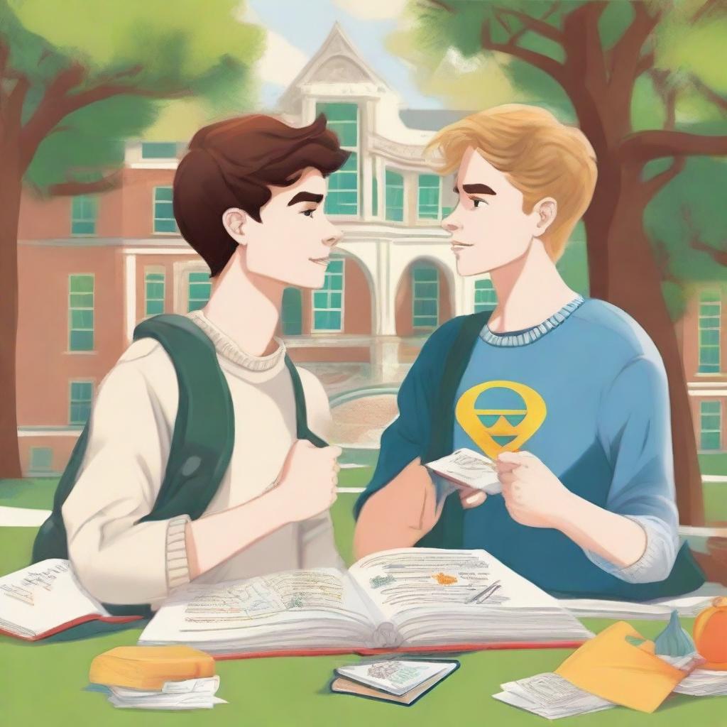 A high-quality digital art piece featuring two young white men, the protagonist and 'A', on a vibrant college campus