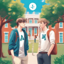 A high-quality digital art piece featuring two young white men, the protagonist and 'A', on a vibrant college campus