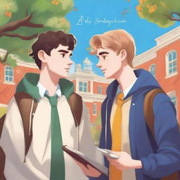 A high-quality digital art piece featuring two young white men, the protagonist and 'A', on a vibrant college campus