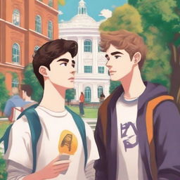 A high-quality digital art piece featuring two young white men, the protagonist and 'A', on a vibrant college campus