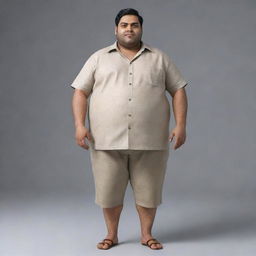 Generate an 8K hyper-realistic full body image of a fat, 28-year-old Indian man with an endomorphic triangle body shape. He should have a round face, wheatish complexion, standing 5 feet tall with a 36-inch waist, clean-shaven, weighs 68 kgs, and has side-parted hair.