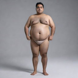 Generate an 8K hyper-realistic full body image of a fat, 28-year-old Indian man with an endomorphic triangle body shape. He should have a round face, wheatish complexion, standing 5 feet tall with a 36-inch waist, clean-shaven, weighs 68 kgs, and has side-parted hair.