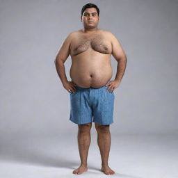 Generate an 8K hyper-realistic full body image of a fat, 28-year-old Indian man with an endomorphic triangle body shape. He should have a round face, wheatish complexion, standing 5 feet tall with a 36-inch waist, clean-shaven, weighs 68 kgs, and has side-parted hair.