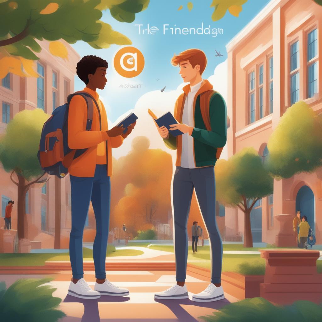 A high-quality digital illustration of two young white men, the protagonist and 'A', on a vibrant college campus