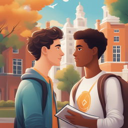 A high-quality digital illustration of two young white men, the protagonist and 'A', on a vibrant college campus