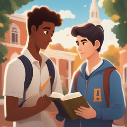 A high-quality digital illustration of two young white men, the protagonist and 'A', on a vibrant college campus