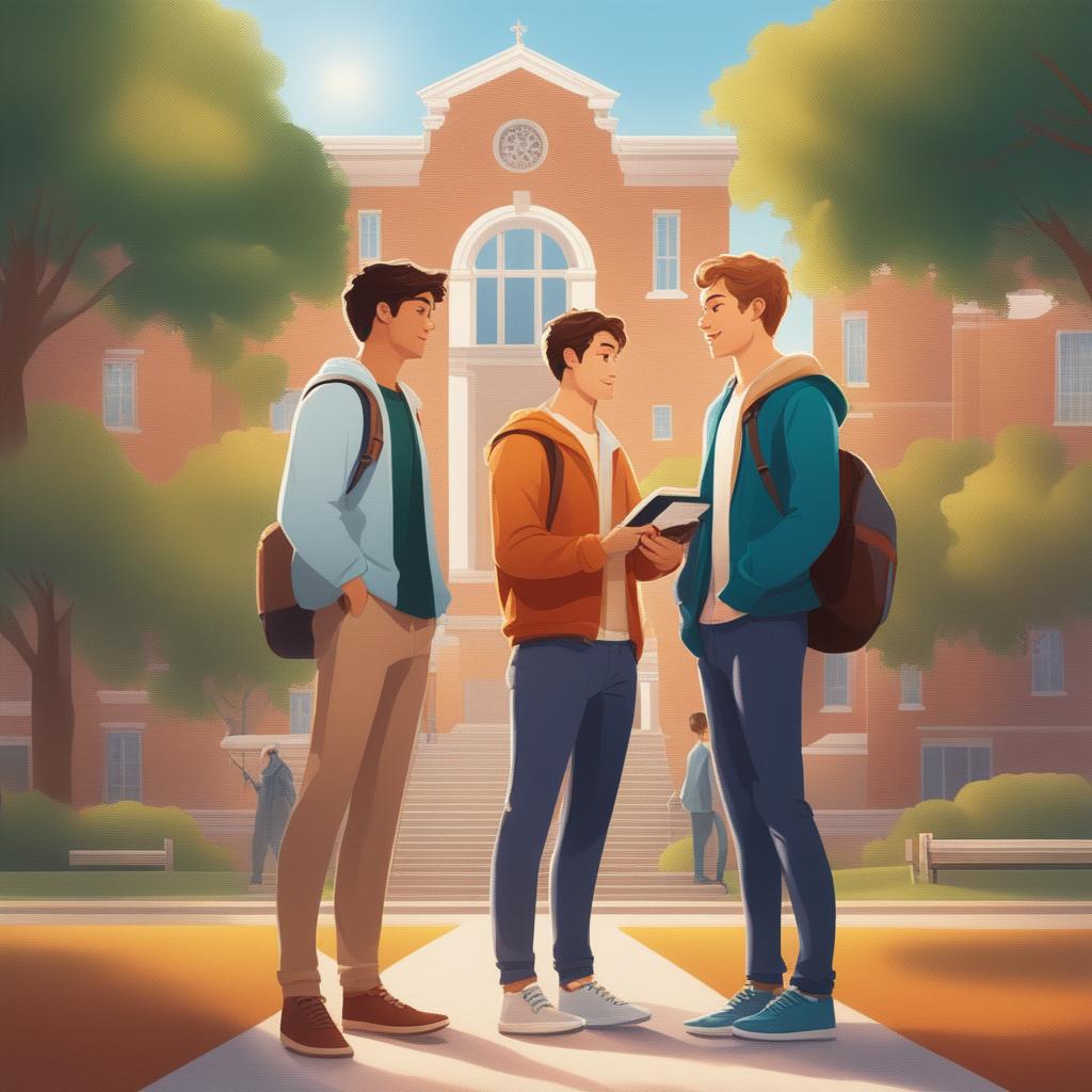 A high-quality digital illustration of two young white men, the protagonist and 'A', on a vibrant college campus