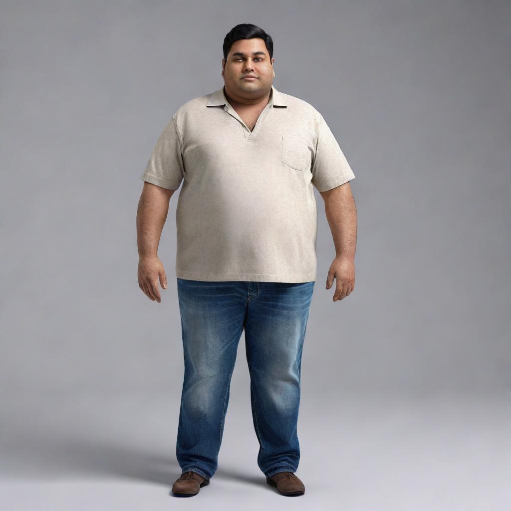 Generate an 8K hyper-realistic full body image of a fat, 28-year-old Indian man with an endomorphic triangle body shape. He should have a round face, wheatish complexion, standing 5 feet tall with a 36-inch waist, clean-shaven, weighs 68 kgs, and has side-parted hair.