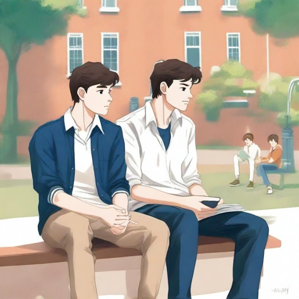 This is a high-quality illustration set within a vibrant college campus, featuring two young white men with dark hair - the protagonist and his friend 'A'