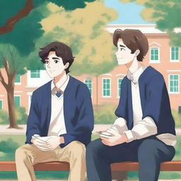 This is a high-quality illustration set within a vibrant college campus, featuring two young white men with dark hair - the protagonist and his friend 'A'