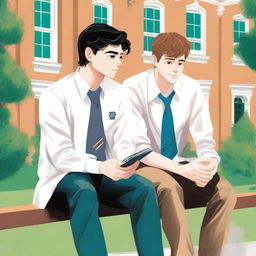 This is a high-quality illustration set within a vibrant college campus, featuring two young white men with dark hair - the protagonist and his friend 'A'