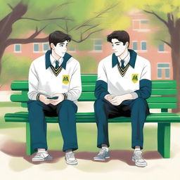 This is a high-quality illustration set within a vibrant college campus, featuring two young white men with dark hair - the protagonist and his friend 'A'