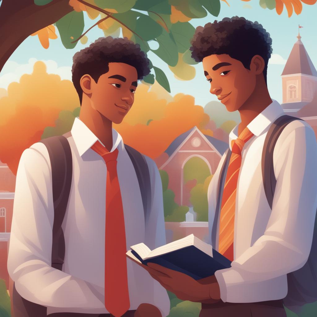 This high-quality illustration features two white-skinned young men in a vibrant campus setting, deeply engrossed in conversation