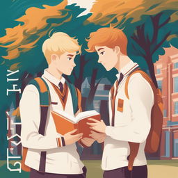 This high-quality illustration features two white-skinned young men in a vibrant campus setting, deeply engrossed in conversation