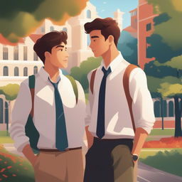 This high-quality illustration features two white-skinned young men in a vibrant campus setting, deeply engrossed in conversation