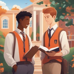 This high-quality illustration features two white-skinned young men in a vibrant campus setting, deeply engrossed in conversation