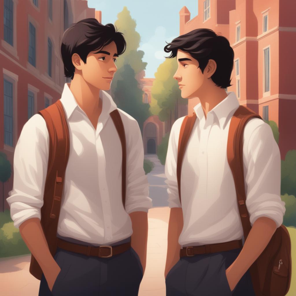 This high-quality illustration portrays two young men with white skin and dark hair in a vibrant college setting, deeply engrossed in conversation