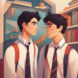 This high-quality illustration portrays two young men with white skin and dark hair in a vibrant college setting, deeply engrossed in conversation