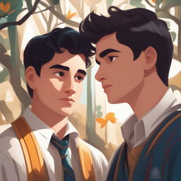 This high-quality illustration portrays two young men with white skin and dark hair in a vibrant college setting, deeply engrossed in conversation