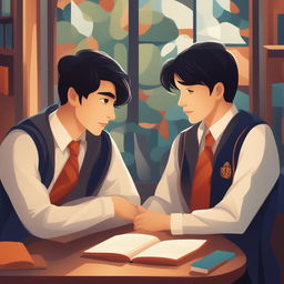This high-quality illustration portrays two young men with white skin and dark hair in a vibrant college setting, deeply engrossed in conversation