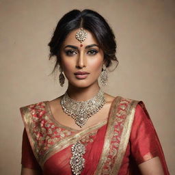 A portrait of Indian actress Rani Chitrangada, incorporating traditional Indian elements with modern fashion.