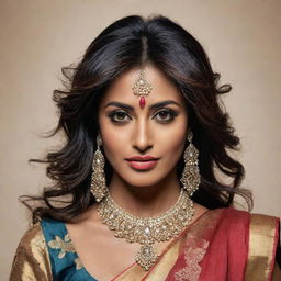 A portrait of Indian actress Rani Chitrangada, incorporating traditional Indian elements with modern fashion.