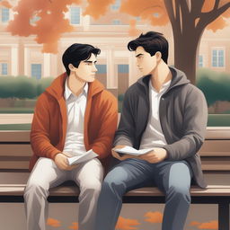 This high-quality illustration vividly portrays two white young men with dark hair, the protagonist and 'A,' seated closely on a bench within a vibrant college campus