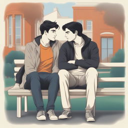 This high-quality illustration vividly portrays two white young men with dark hair, the protagonist and 'A,' seated closely on a bench within a vibrant college campus