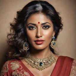 A portrait of Indian actress Rani Chitrangada, incorporating traditional Indian elements with modern fashion.