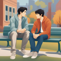 This high-quality illustration vividly portrays two white young men with dark hair, the protagonist and 'A,' seated closely on a bench within a vibrant college campus