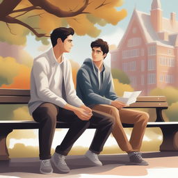 This high-quality illustration vividly portrays two white young men with dark hair, the protagonist and 'A,' seated closely on a bench within a vibrant college campus