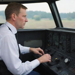 A train locomotive operator in the cockpit, operating controls and watching the railway ahead.