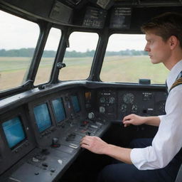 A train locomotive operator in the cockpit, operating controls and watching the railway ahead.