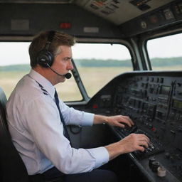 A train locomotive operator in the cockpit, operating controls and watching the railway ahead.