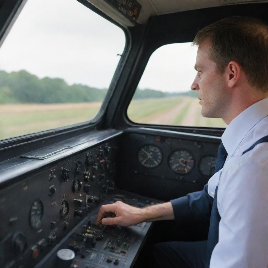 A train locomotive operator in the cockpit, operating controls and watching the railway ahead.