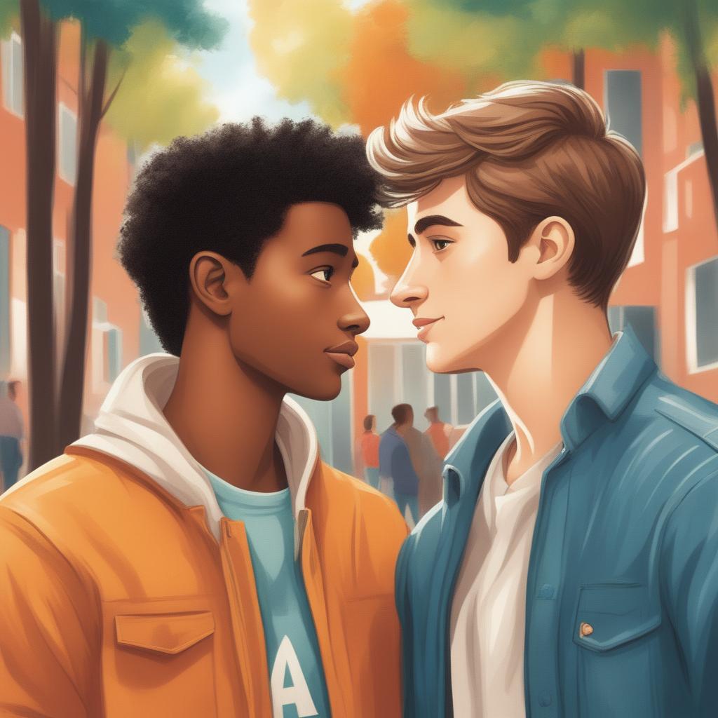 This premium quality illustration vividly captures two white young men, the protagonist and 'A,' on a vibrant college campus