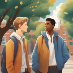 This premium quality illustration vividly captures two white young men, the protagonist and 'A,' on a vibrant college campus