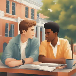 This premium quality illustration vividly captures two white young men, the protagonist and 'A,' on a vibrant college campus