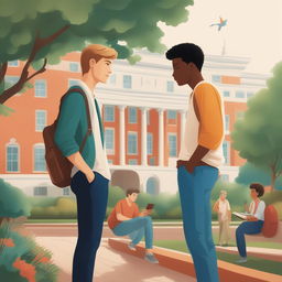 This premium quality illustration vividly captures two white young men, the protagonist and 'A,' on a vibrant college campus