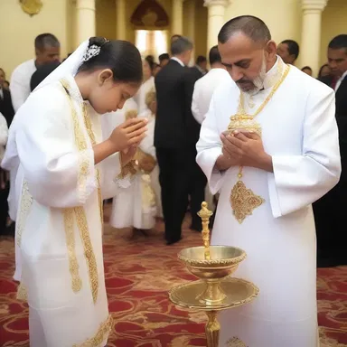 During the baptism ceremony, the holy water was given to the child through instillment.