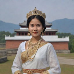 A regal and majestic princess from Manipur, India, adorned in traditional attire, standing against a backdrop of the iconic Kangla Fort.