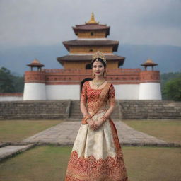 A regal and majestic princess from Manipur, India, adorned in traditional attire, standing against a backdrop of the iconic Kangla Fort.