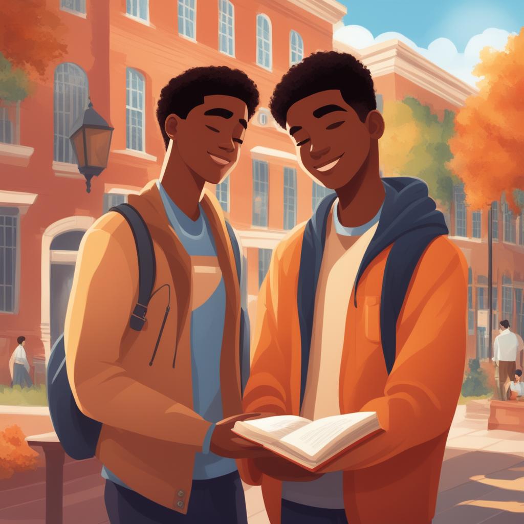 This high-quality illustration presents a heartwarming scene set within a vibrant college campus