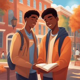 This high-quality illustration presents a heartwarming scene set within a vibrant college campus