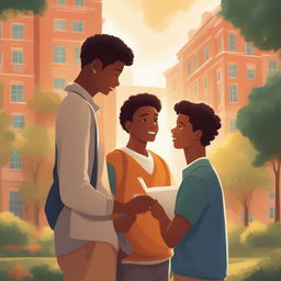 This high-quality illustration presents a heartwarming scene set within a vibrant college campus