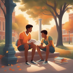 This high-quality illustration presents a heartwarming scene set within a vibrant college campus