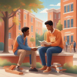 This high-quality illustration presents a heartwarming scene set within a vibrant college campus