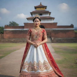 A regal and majestic princess from Manipur, India, adorned in traditional attire, standing against a backdrop of the iconic Kangla Fort.