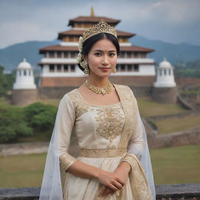 A regal and majestic princess from Manipur, India, adorned in traditional attire, standing against a backdrop of the iconic Kangla Fort.